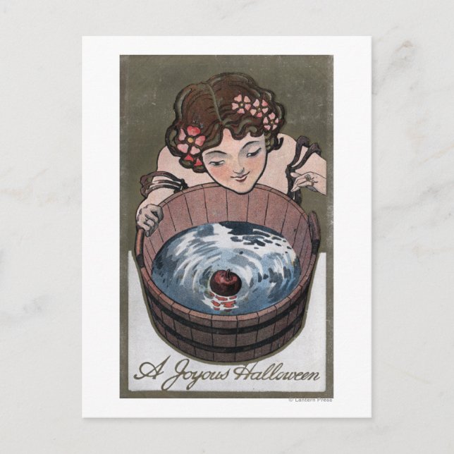 Postal Mujer mirando en barril de madera (Anverso)