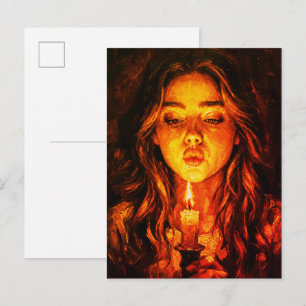Postal Mujer Misteriosa Apagando Vela Óleo Pintura