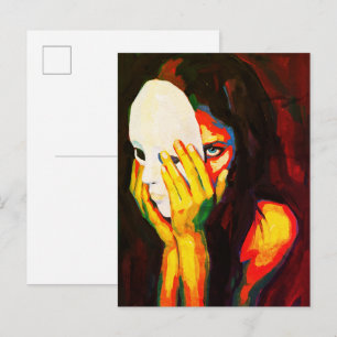Postal Mujer Misteriosa Sosteniendo Máscara Arte al Óleo 