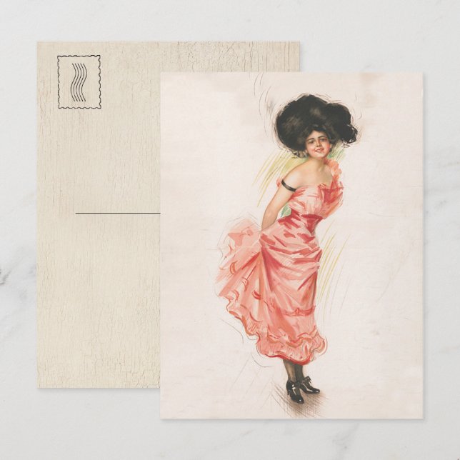 Postal Mujer Morena Coqueta con Vestido de Seda Rosa (Anverso / Reverso)