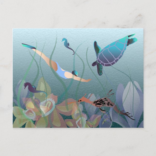 Postal Mujer nadando bajo el agua con tortuga (Anverso)