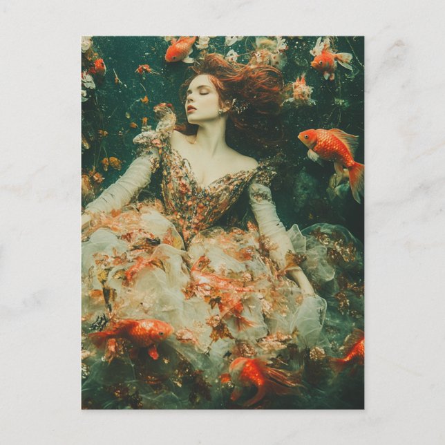 Postal Mujer nadando con modas de fantasía de peces de or (Anverso)