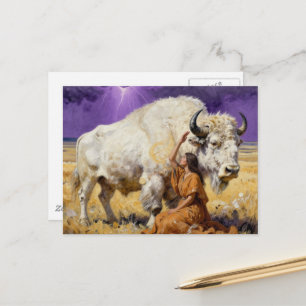 Postal Mujer nativa americana y un bisonte blanco sagrado