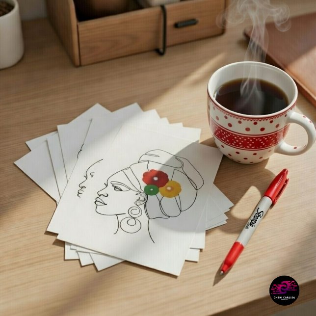 Postal Mujer negra arte de línea envoltorio de cabeza flo (Message ready. Pride attached.)