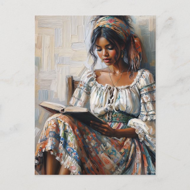 Postal Mujer Negra Boho Leyendo Bohemio (Anverso)