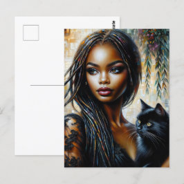 Postal Mujer negra con arte de gato negro