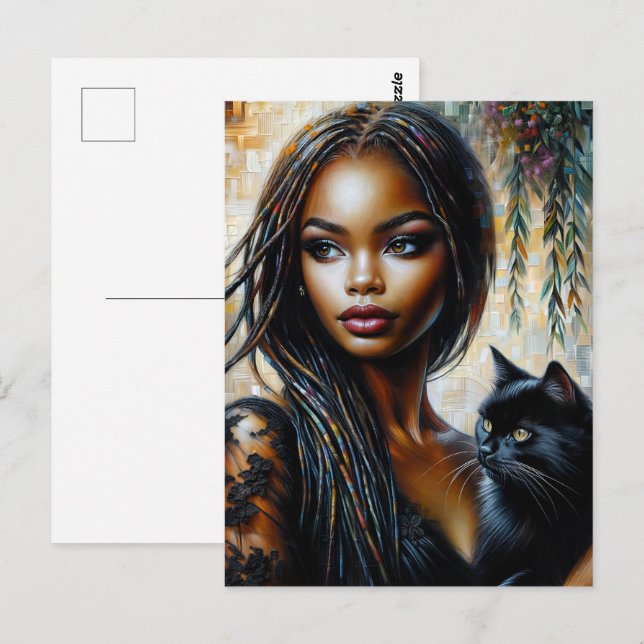 Postal Mujer negra con arte de gato negro (Anverso / Reverso)