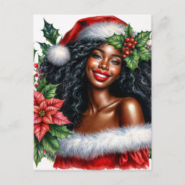 Postal Mujer Negra Con Gorro De Santa Navidad
