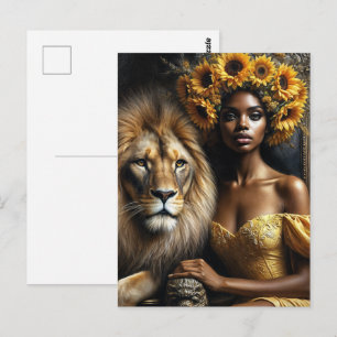 Postal Mujer Negra Con León Girasol Leo