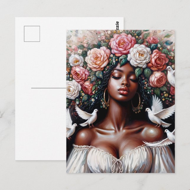 Postal Mujer Negra Con Palomas Arte Floral (Anverso / Reverso)