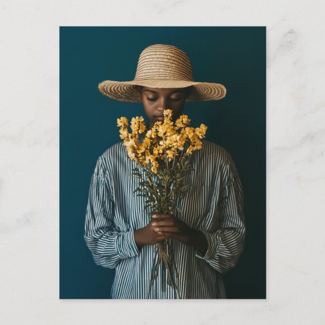Postal Mujer negra elegante con flores (Anverso)