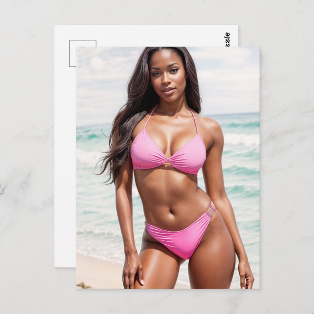 Postal Mujer Negra En Bikini Rosa (Anverso / Reverso)