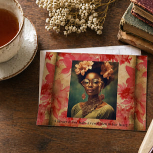 Postal Mujer Negra Inspiradora Retrato Floral Vintage