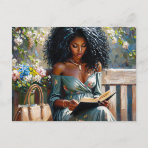 Postal Mujer Negra Leyendo - Arte Floral de Primavera