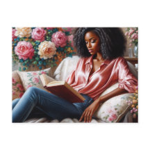 Mujer negra leyendo arte floral rosa