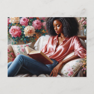 Postal Mujer negra leyendo arte floral rosa
