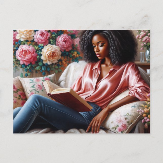 Postal Mujer negra leyendo arte floral rosa (Anverso)