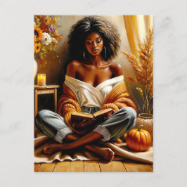 Postal Mujer negra leyendo libro de otoño arte