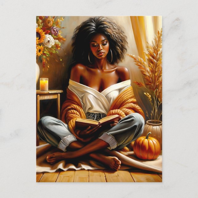 Postal Mujer negra leyendo libro de otoño arte (Anverso)