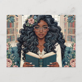 Postal Mujer negra leyendo libro usando lentes