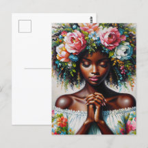 Mujer negra rezando arte floral colorido