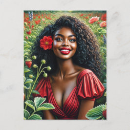 Postal Mujer Negra Sonriente En Arte De Fresas Rojas