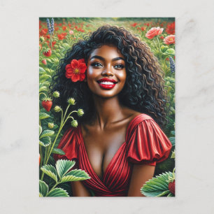 Postal Mujer Negra Sonriente En Arte De Fresas Rojas