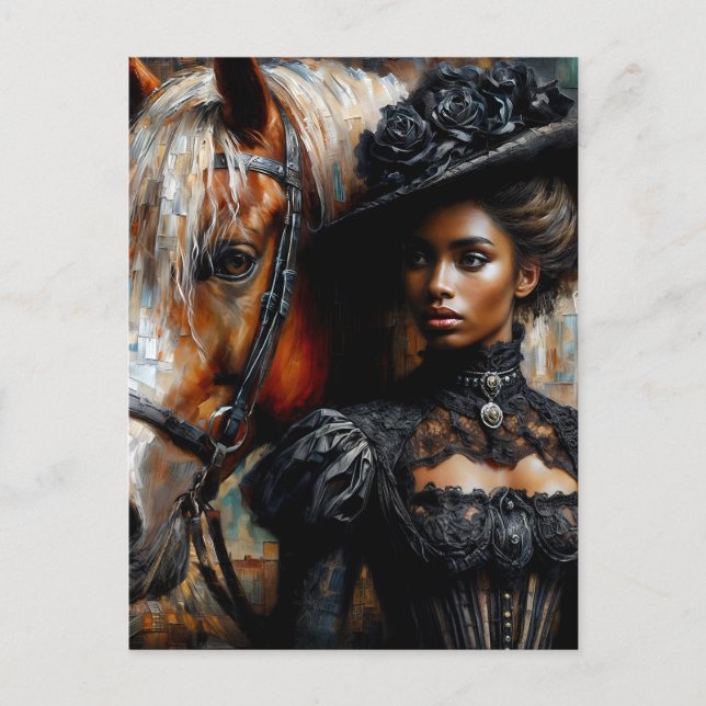 Postal Mujer negra victoriana con caballo (Anverso)