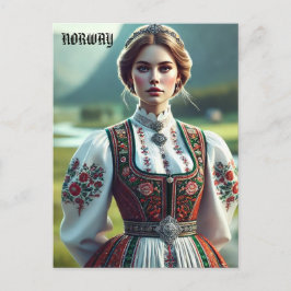 Postal Mujer noruega en traje tradicional de Bunad
