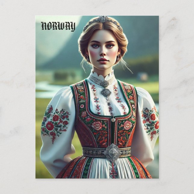 Postal Mujer noruega en traje tradicional de Bunad (Anverso)