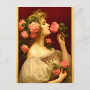 Postal Mujer oliendo una rosa retro era victoriana