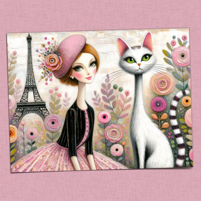 Postal Mujer parisina caprichosa con un gato blanco delga (Subido por el creador)