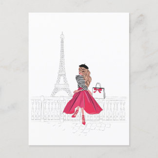 Postal Mujer parisina por la Torre Eiffel
