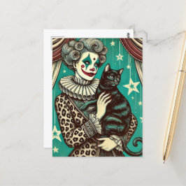 Postal Mujer payasa circo y gato negro
