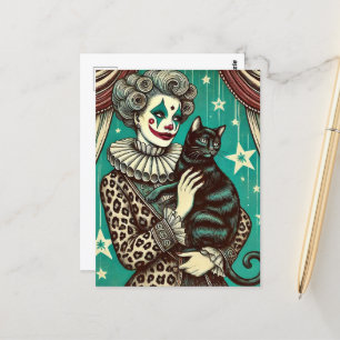 Postal Mujer payasa circo y gato negro