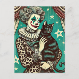 Postal Mujer payasa circo y gato negro