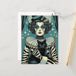 Postal Mujer payasa circo y gato negro