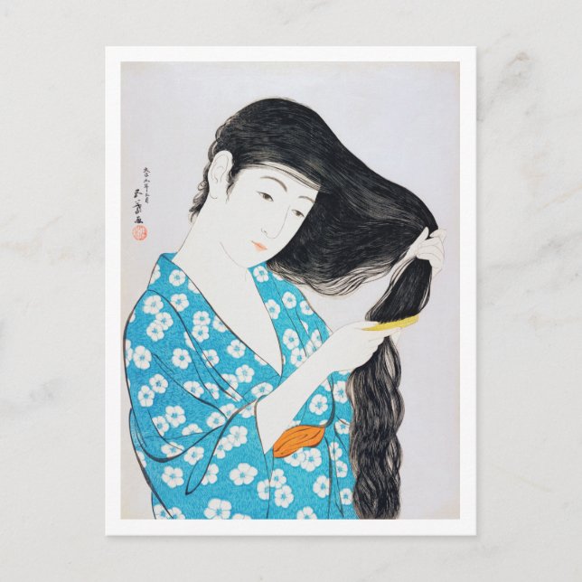 Postal Mujer peinándose el cabello, Goyō Hashiguchi (Anverso)