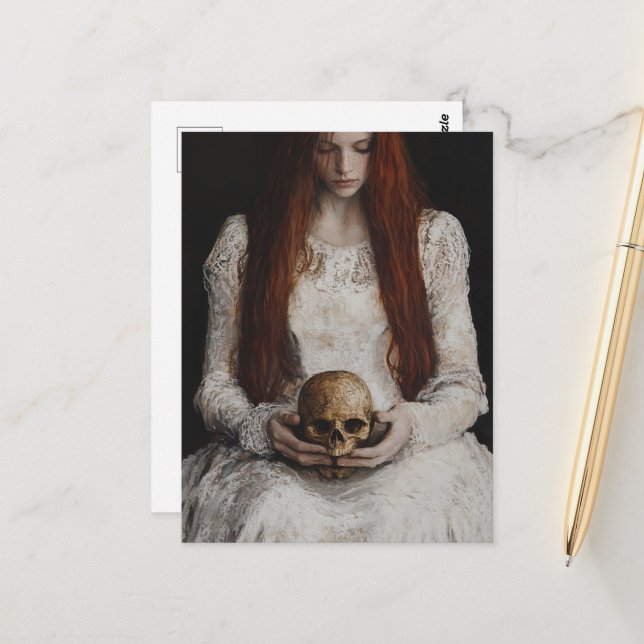 Postal Mujer pelirroja con una calavera (Anverso/Reverso In Situ)
