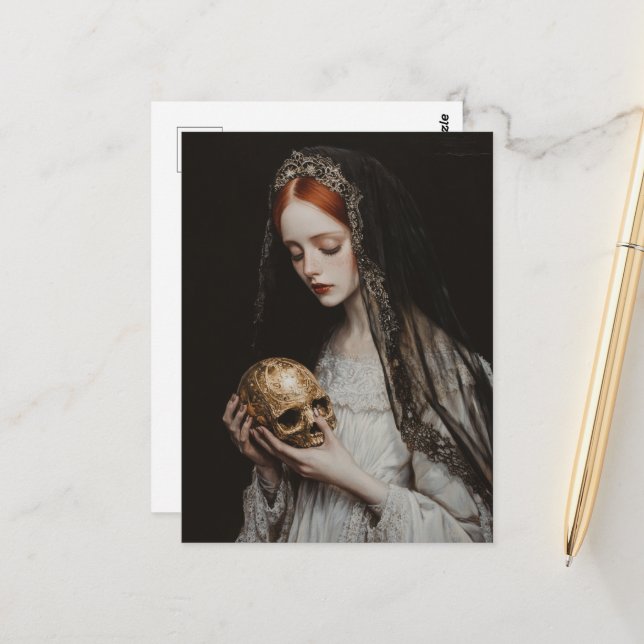Postal Mujer pelirroja con una calavera de oro (Anverso/Reverso In Situ)