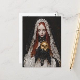 Postal Mujer Pelirroja Hermosa Con una Calavera de Oro