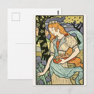 Postal Mujer pelirroja recogiendo flores Art Nouveau