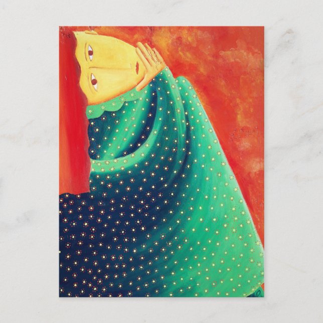 Postal Mujer pensando en pintura de arte moderno acrílico (Anverso)