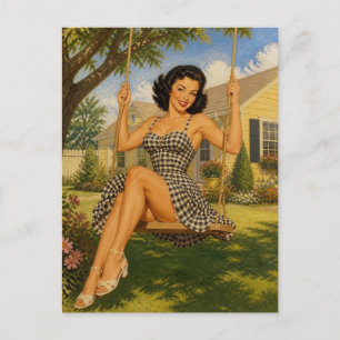 Postal Mujer Pin-Up Vintage de los años 50 en un Columpio