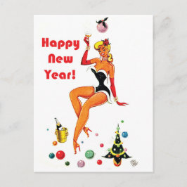 Postal mujer pinup sexy desea feliz año nuevo champán