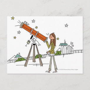 Postal Mujer que usa un telescopio astronómico