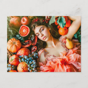 Postal Mujer reclinada entre frutas y pétalos
