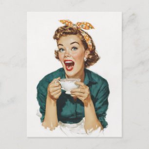 Postal Mujer Retro Alegre Disfrutando Café