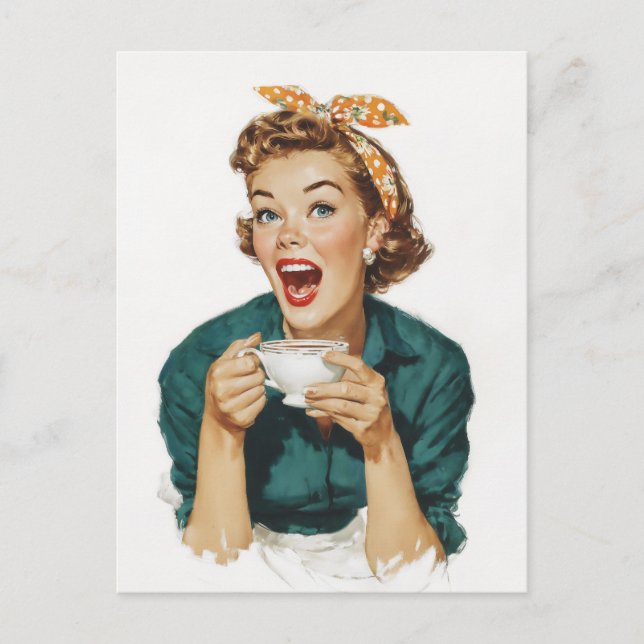 Postal Mujer Retro Alegre Disfrutando Café (Anverso)