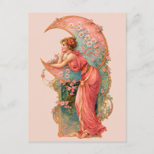 Postal Mujer Retro Art Nouveau y Luna Creciente